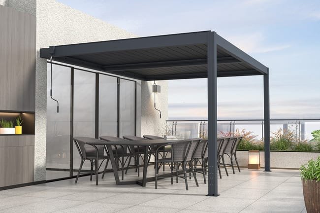 Pérgola encostada impermeável Garden em estrutura de alumínio Cinza antracito, L 395 x P 300 x H 223 cm com lamas orientáveis a 110° – SANTA