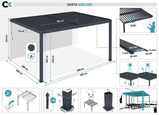 Pérgola encostada impermeável Garden em estrutura de alumínio Cinza antracito, L 395 x P 300 x H 223 cm com lamas orientáveis a 110° – SANTA