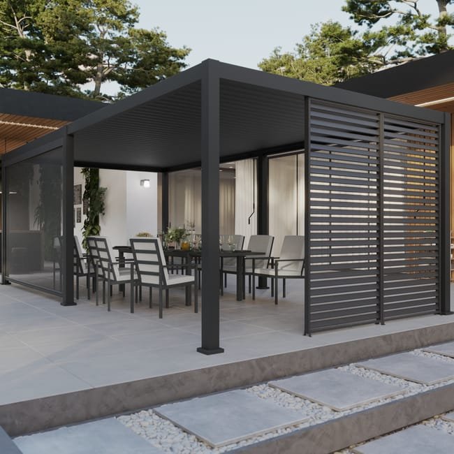 Extensão pérgola alumínio 3.6×3.6×2.5 m cinza escuro Naterial Modus Bioclimatic