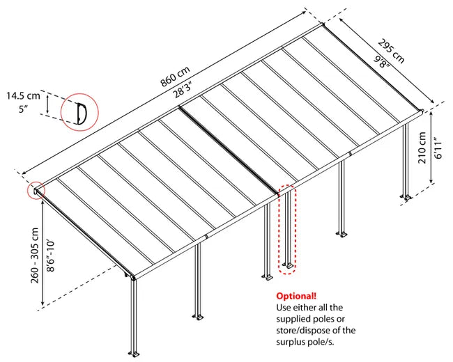 Cobertura para terraço de alumínio 860×294 cm cinza